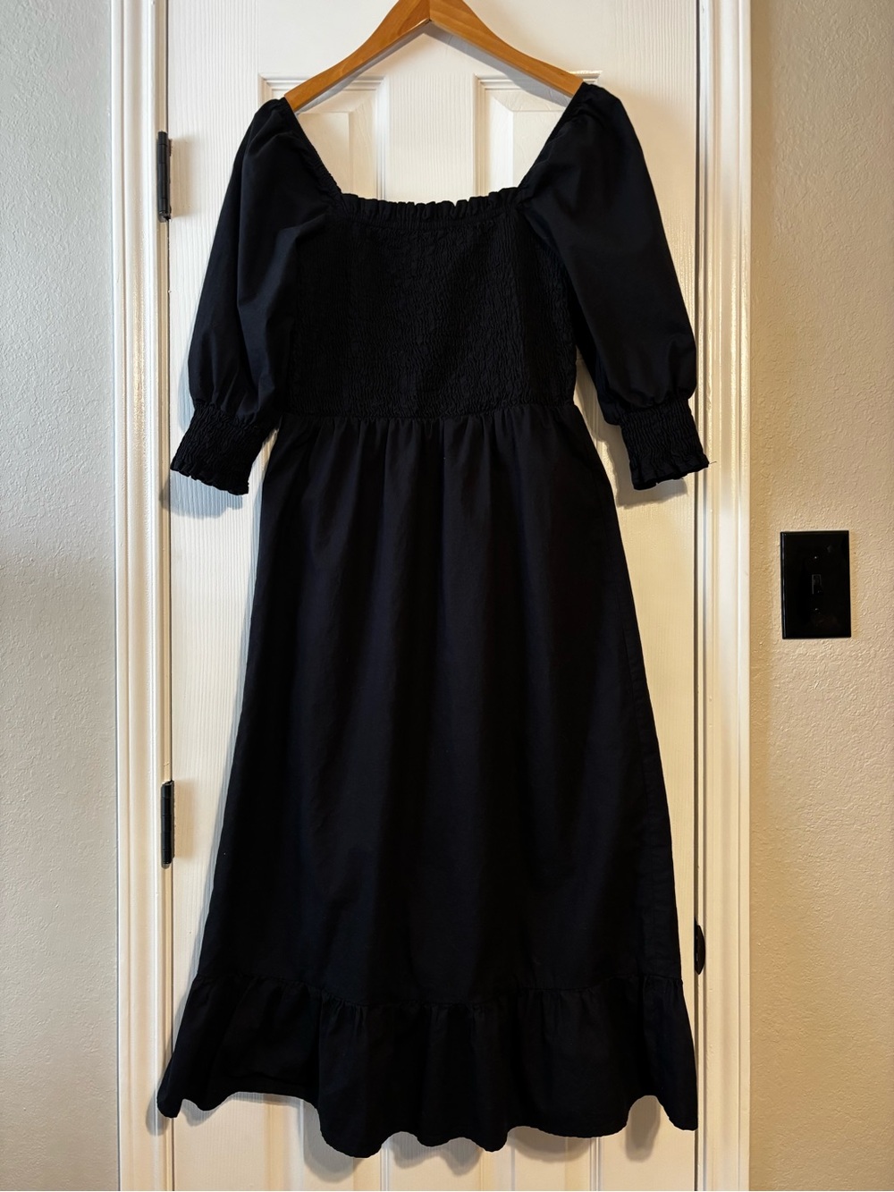 Black Smocked Midi Dress | 100% Cotton | Puff Sleeve | Pockets | Fully Lined | M